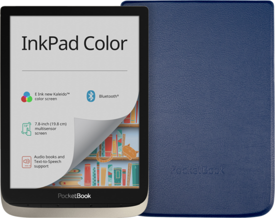 PocketBook InkPad Color Zilver + PocketBook Shell Book Case Blauw