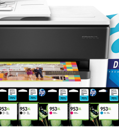 HP Officejet 7740 + 2 set extra inkt + 2500 vellen A4 papier