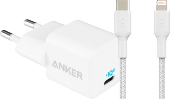 Anker Power Delivery Oplader 20W + Belkin Lightning Kabel Nylon 1m Wit