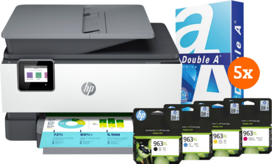 HP OfficeJet Pro 9012e + 1 set extra inkt + 2.500 vellen A4 papier