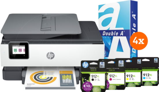 HP Officejet Pro 8022e + 1 set extra inkt + 2.500 vellen A4 papier