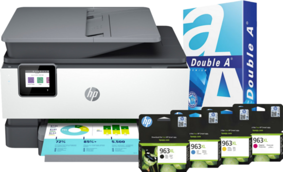 HP Officejet Pro 9019e + 1 set extra inkt + 500 vellen A4 papier