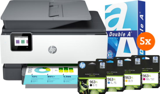 HP OfficeJet Pro 9014e + 1 set extra inkt + 2.500 vellen A4 papier