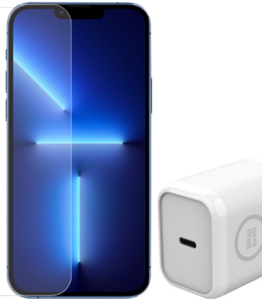 BlueBuilt Apple iPhone 14 / 13 / 13 Pro Screenprotector Glas + BlueBuilt Oplader 30W Wit