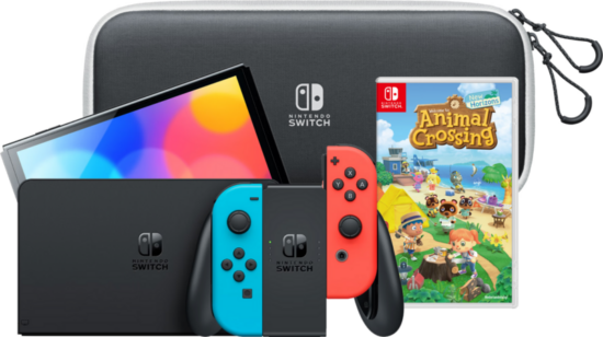 Nintendo Switch OLED Rood/Blauw + Animal Crossing New Horizons + hoesje