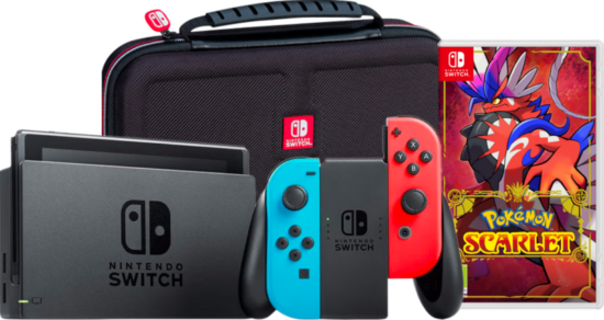 Nintendo Switch Rood/Blauw + Pokémon Scarlet + Big Ben Travel Case