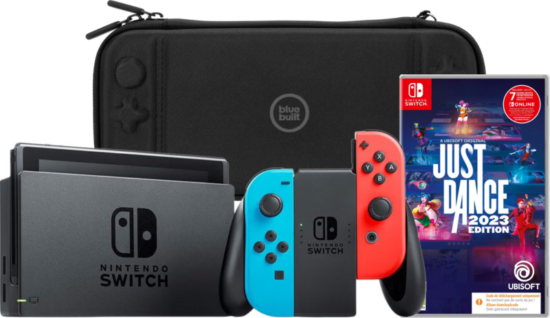 Nintendo Switch Rood/Blauw + Just Dance 2023 + Bluebuilt Beschermhoes