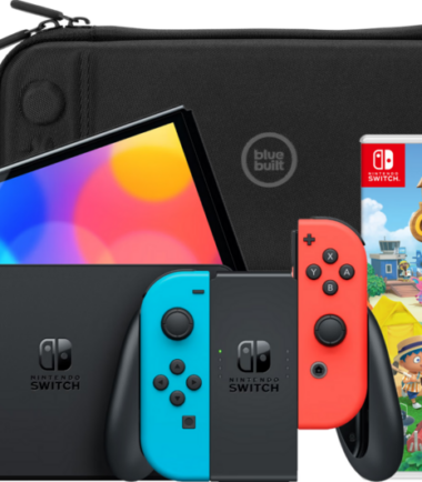 Nintendo Switch OLED Blauw/Rood + Animal Crossing New Horizons + BlueBuilt Beschermhoes