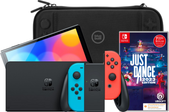 Nintendo Switch OLED Blauw/Rood + Just Dance 2023 + Bluebuilt Beschermhoes