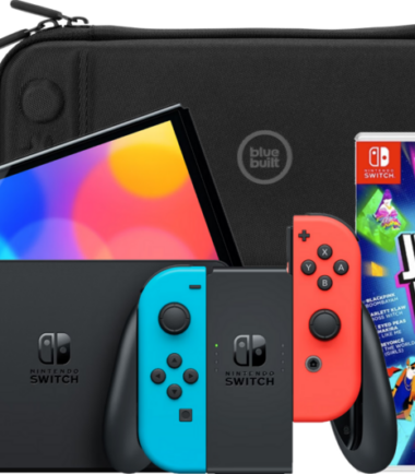 Nintendo Switch OLED Blauw/Rood + Just Dance 2022 + Bluebuilt Beschermhoes