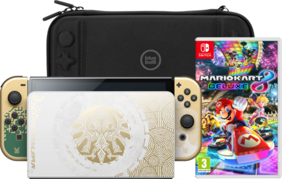 Nintendo Switch OLED Zelda Edition + Mario Kart 8 Deluxe + Bluebuilt Beschermhoes