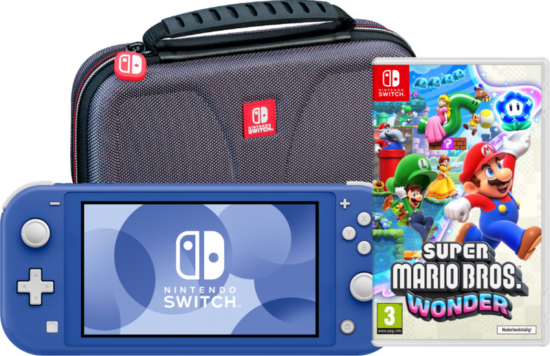 Nintendo Switch Lite Blauw + Super Mario Bros. Wonder + Beschermhoes
