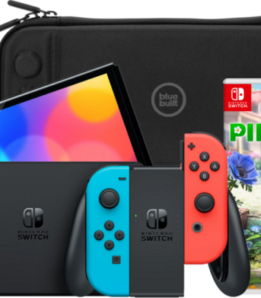 Nintendo Switch OLED Rood/Blauw + Pikmin 4 + BlueBuilt Beschermhoes