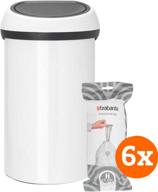 Brabantia Touch Bin 60 Liter White + Vuilniszakken (120 stuks)