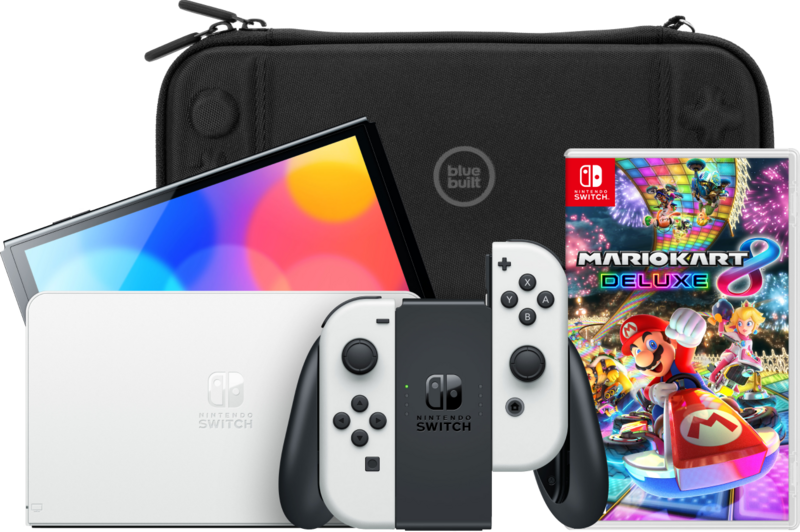 Nintendo Switch OLED Wit + Mario Kart 8 Deluxe + BlueBuilt Beschermhoes Nintendo Switch OLED Wit + Mario Kart 8 Deluxe + BlueBuilt Beschermhoes