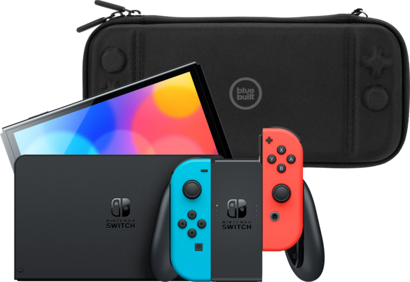 Nintendo Switch OLED Blauw/Rood + BlueBuilt Beschermhoes Nintendo Switch OLED Blauw/Rood + BlueBuilt Beschermhoes