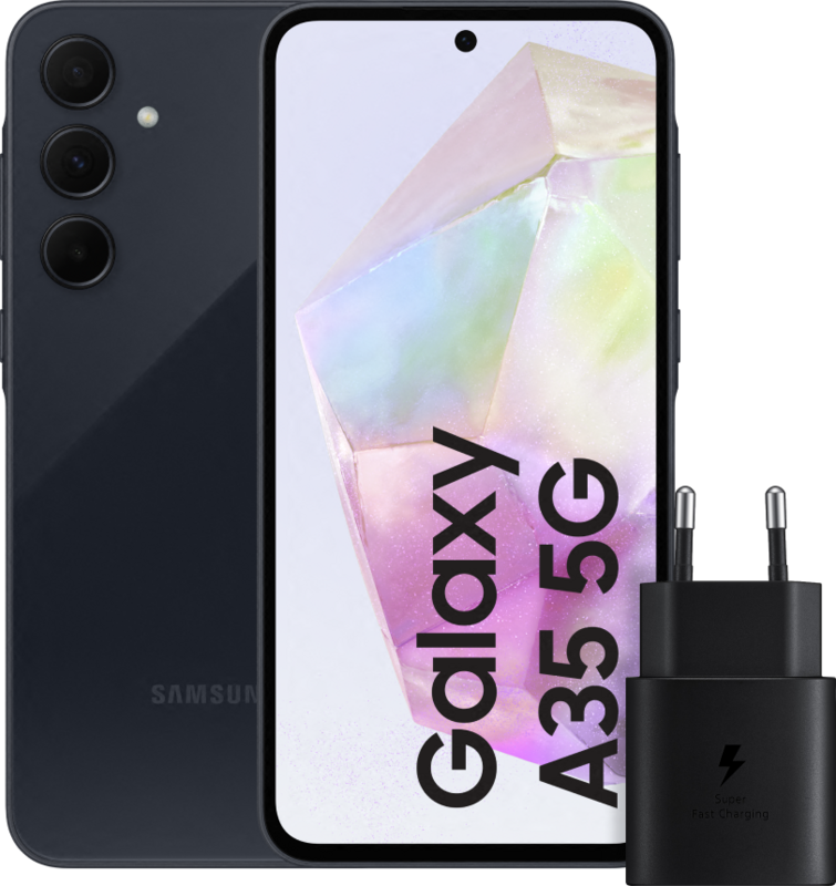 Samsung Galaxy A35 256GB Donkerblauw 5G + Samsung 25 Watt Snellader Zwart Samsung Galaxy A35 256GB Donkerblauw 5G + Samsung 25 Watt Snellader Zwart