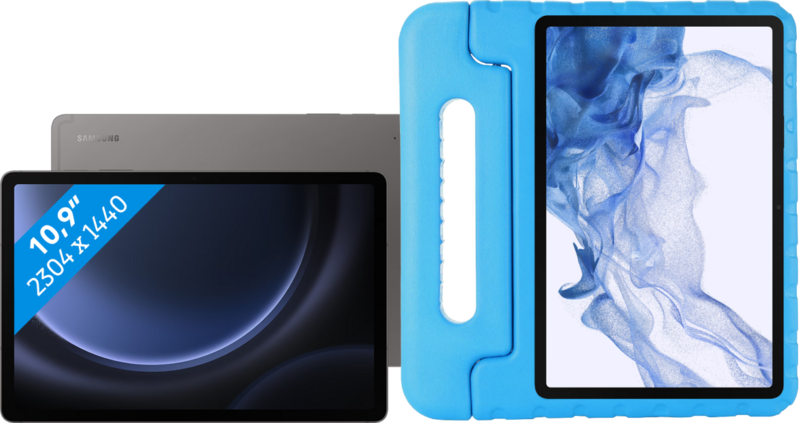 Samsung Galaxy Tab S9 FE 128GB Wifi Grijs + BlueBuilt Kids Cover Blauw Samsung Galaxy Tab S9 FE 128GB Wifi Grijs + BlueBuilt Kids Cover Blauw