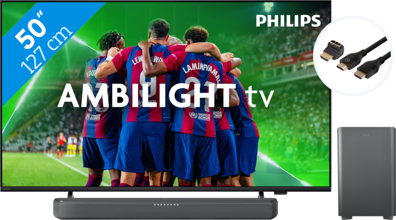 Philips 50PUS8309 - Ambilight (2024) + Soundbar + Hdmi kabel Philips 50PUS8309 - Ambilight (2024) + Soundbar + Hdmi kabel
