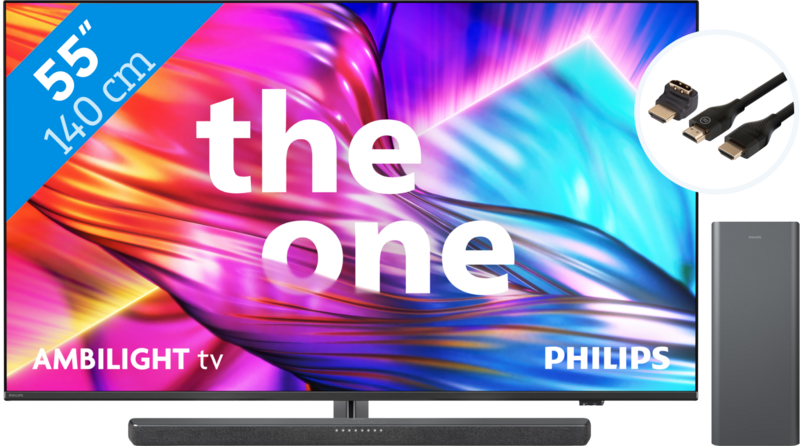 Philips The One 55PUS8909 - Ambilight (2024) + Soundbar + Hdmi kabel Philips The One 55PUS8909 - Ambilight (2024) + Soundbar + Hdmi kabel
