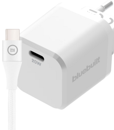 BlueBuilt Power Delivery Oplader 20W + Usb C Kabel 3m Nylon Wit