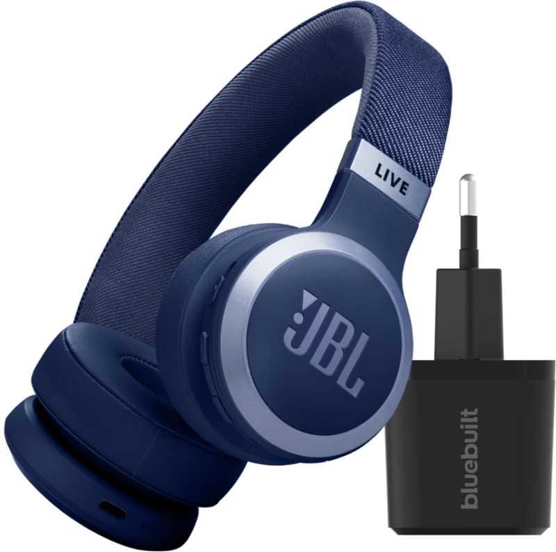 JBL Live 670NC Blauw + BlueBuilt Quick Charge Oplader met Us JBL Live 670NC Blauw + BlueBuilt Quick Charge Oplader met Us