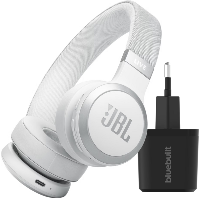 JBL Live 670NC Wit + BlueBuilt Quick Charge Oplader met Usb JBL Live 670NC Wit + BlueBuilt Quick Charge Oplader met Usb
